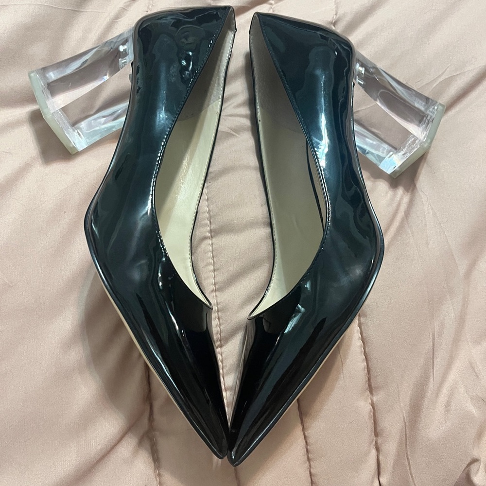 Marc Fisher “Zala” Glossy Black Heels with Clear Block Heel